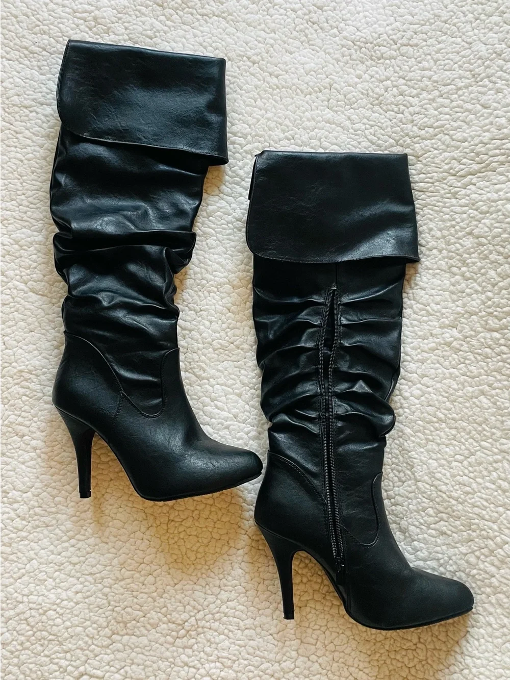 Forever Black Slouchy Fold-Over Over-the-Knee Heeled Boots